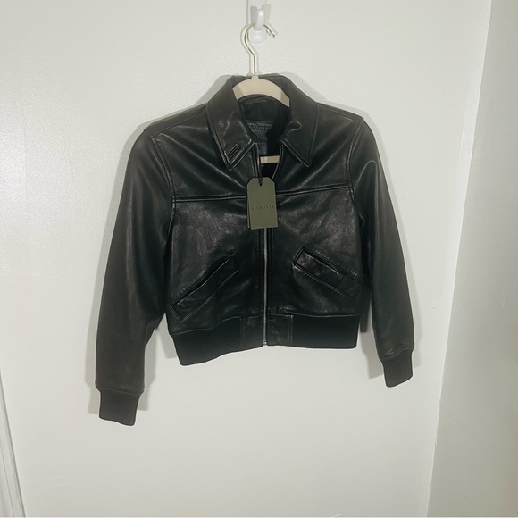 NEW All Saints Pascao Leather Bomber Jacket Black Bikercore Club Retro Outerwear - Picture 11 of 13